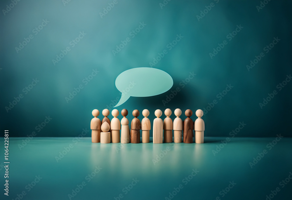 Poster a row of wooden figurines stand in front of a teal background with a speech bubble above them.