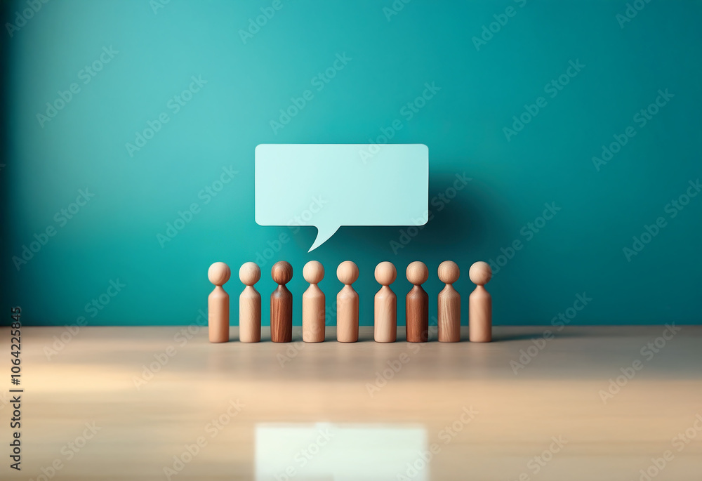 Poster a row of wooden figures stand in front of a large speech bubble, signifying the importance of commun