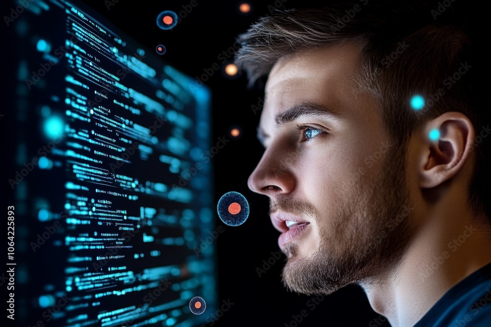 Poster 3D digital illustration of a person speaking into a virtual confessional screen, with floating data representing emotions as they confess