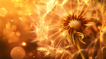 Obraz premium Ethereal dandelion with seeds floating in warm sunset light and soft bokeh