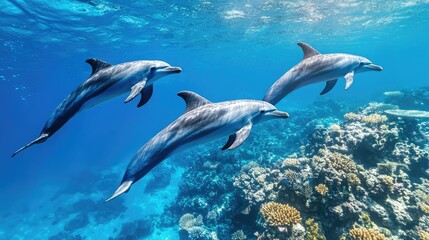 Obraz premium Dolphins Swimming Over Vibrant Coral Reef