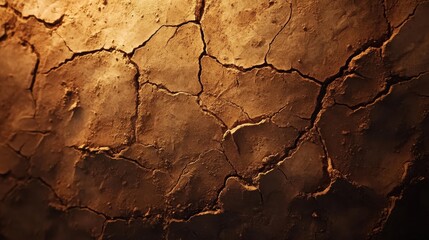 Fototapeta premium Certainly, here’s an example of how to create an image name:A stunning pattern of golden-brown cracks in the dry earth reveals the harsh beauty of a drought-stricken lake bed, shimmering under the sun