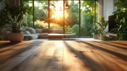 Fototapeta premium Sunlit Living Room with Wooden Table Surface. Cozy living room with a rustic wooden table in the foreground, large windows, and lush indoor plants, basking in sunlight.