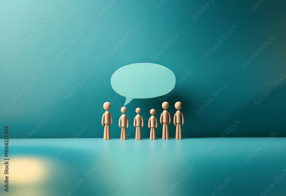 Aufkleber five wooden figures stand in a line, facing a large empty speech bubble, symbolizing a need for comm