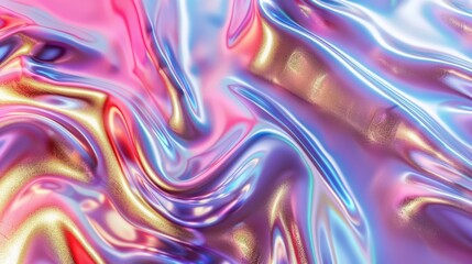 An iridescent chrome gradient cloth fabric background featuring ultraviolet holographic foil texture and metallic reflections. Offers a mesmerizing visual effect with liquid surface ripples