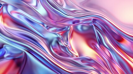 An iridescent chrome gradient cloth fabric background featuring ultraviolet holographic foil texture and metallic reflections. Offers a mesmerizing visual effect with liquid surface ripples