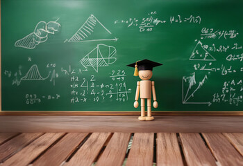A wooden figure wearing a graduation cap stands in front of a chalkboard covered in mathematical equations.
