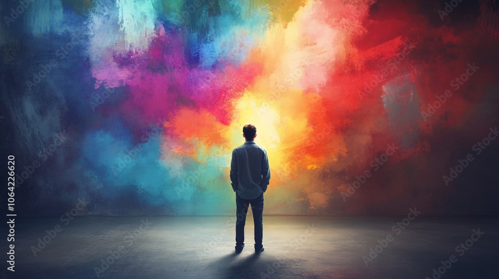 Poster man standing in front of colorful abstract background.