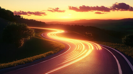 Winding road with light trails at sunset, a 3D rendering illustration of asphalt and sky during the golden hour