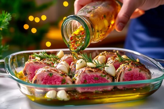 A chef pouring a marinade over lamb chops in a glass dish, with olive oil, garlic, and rosemary sprigs visible, ready for the oven