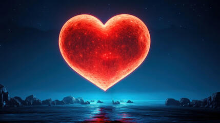 Obraz premium Glowing Heart Above Serene Ocean Landscape at Night