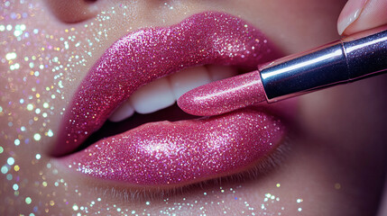 Obraz premium Close-up of a beautiful woman's lips with glittery lipstick. The focus is on the lip and the lipstick