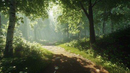 Fototapeta premium Hiking trail in a dense forest with light filtering through the trees