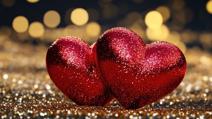 Fototapeta premium Sparkling Red Hearts on Glittering Background