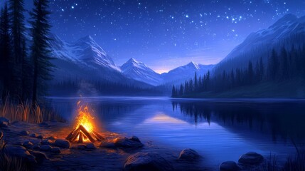 Fototapeta premium A glowing campfire by a tranquil lake, surrounded by mountains under starlight