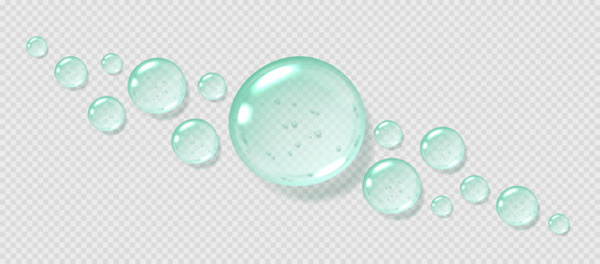 Mint serum drops, transparent gel droplets, realistic glossy liquid, moisturizing cosmetic product, hyaluronic acid or fresh gel toothpaste concept. Vector illustration.