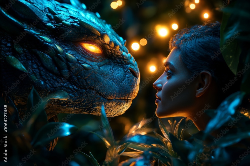 Poster a mythical creature listening to a humanâ€™s confession in an enchanted forest, surrounded by glowin