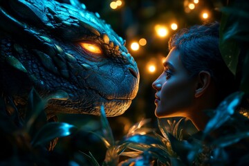 A mythical creature listening to a humanâ€™s confession in an enchanted forest, surrounded by glowing light and mysterious plants, symbolizing spiritual catharsis