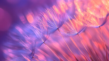 Delicate dandelion seeds floating in gentle breeze at sunset, bokeh background