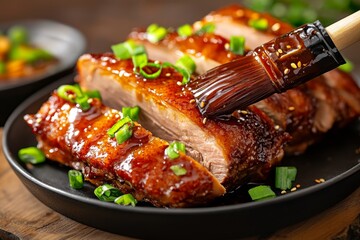 A pastry brush basting duck with hoisin sauce, creating a glossy, richly seasoned skin for a gourmet Asian dish