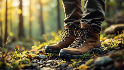 human legs in Hiking boots in the nature