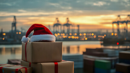 Christmas Hat on Boxes at Shipping Dock