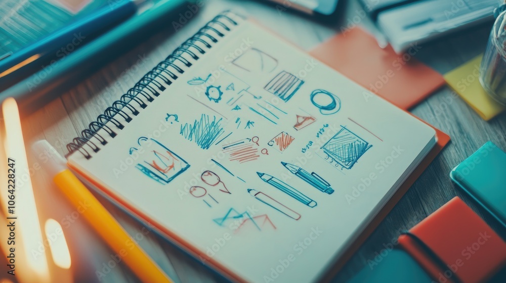 Poster creative sketches in notebook with colorful stationery