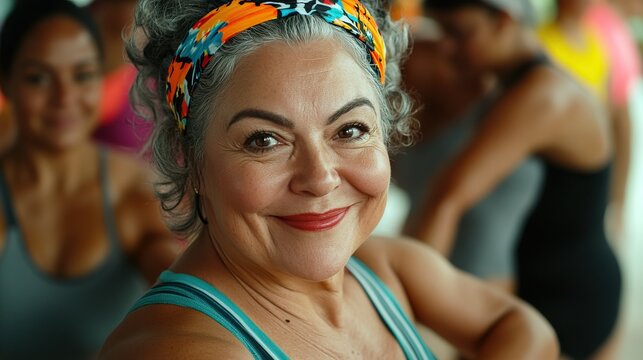 Joyful senior woman in colorful headband leading a zumba dance in fitness class with enthusiastic participants