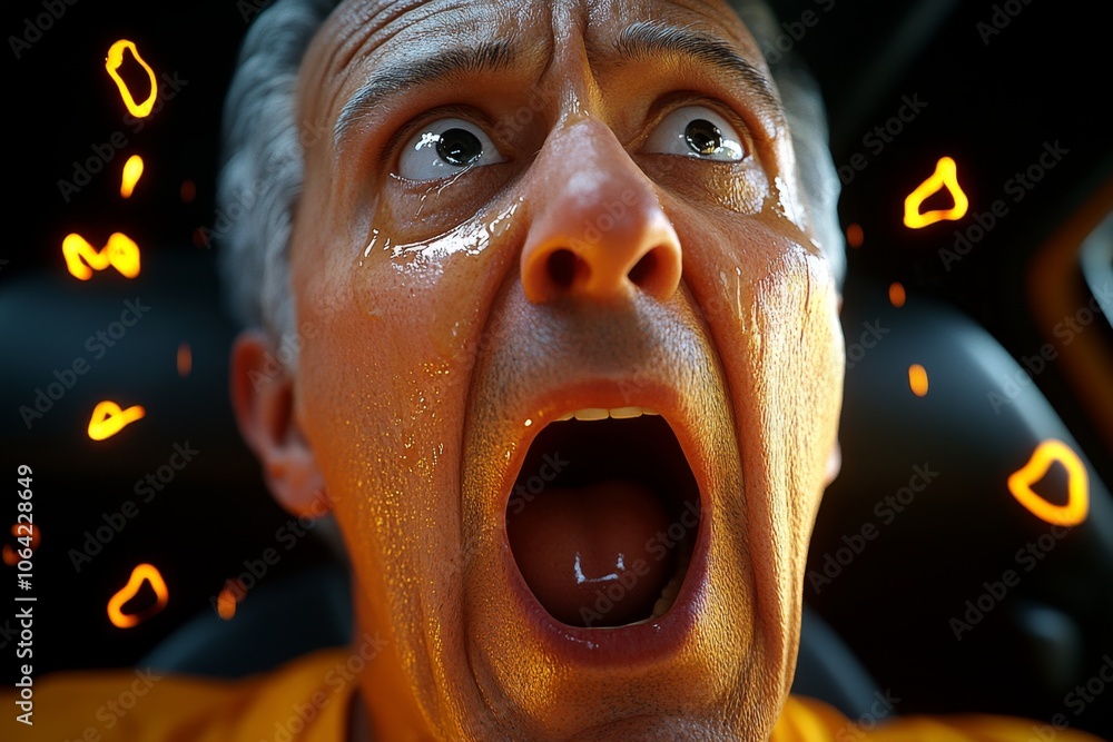 Poster close-up of a personâ€™s face as they confess, with hyper-realistic details showing intense emotion,