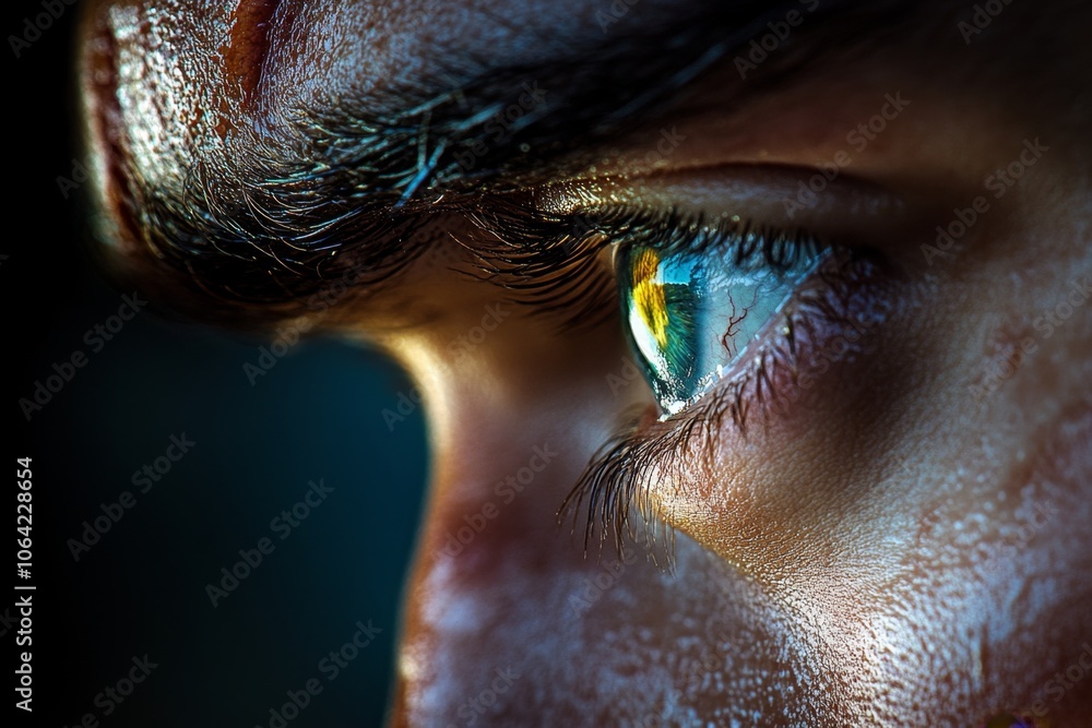Poster close-up of a personâ€™s face as they confess, with hyper-realistic details showing intense emotion,
