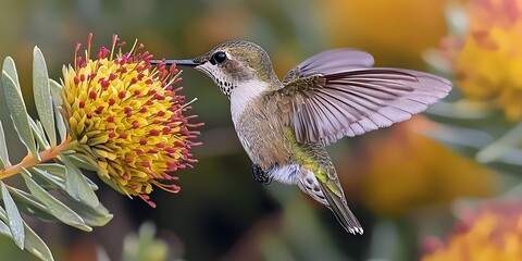 Fototapeta premium A delicate hummingbird with iridescent feathers hovers near a bright yellow flower, showcasing its rapid wing flaps and vibrant colors in a tranquil garden setting.