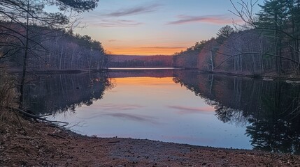 Obraz premium Serene Sunset Reflection on a Tranquil Lake