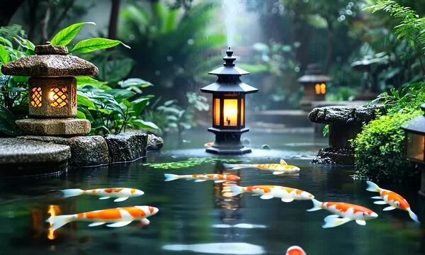 A stone lantern illuminates a serene pond with koi fish swimming through the calm water, surrounded by lush greenery.