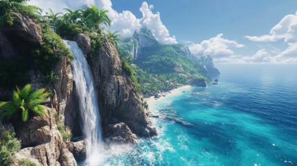 Beautiful cliffside with a waterfall plunging into the ocean below