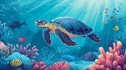 Underwater scene with a sea turtle swimming near coral reefs and tropical fish