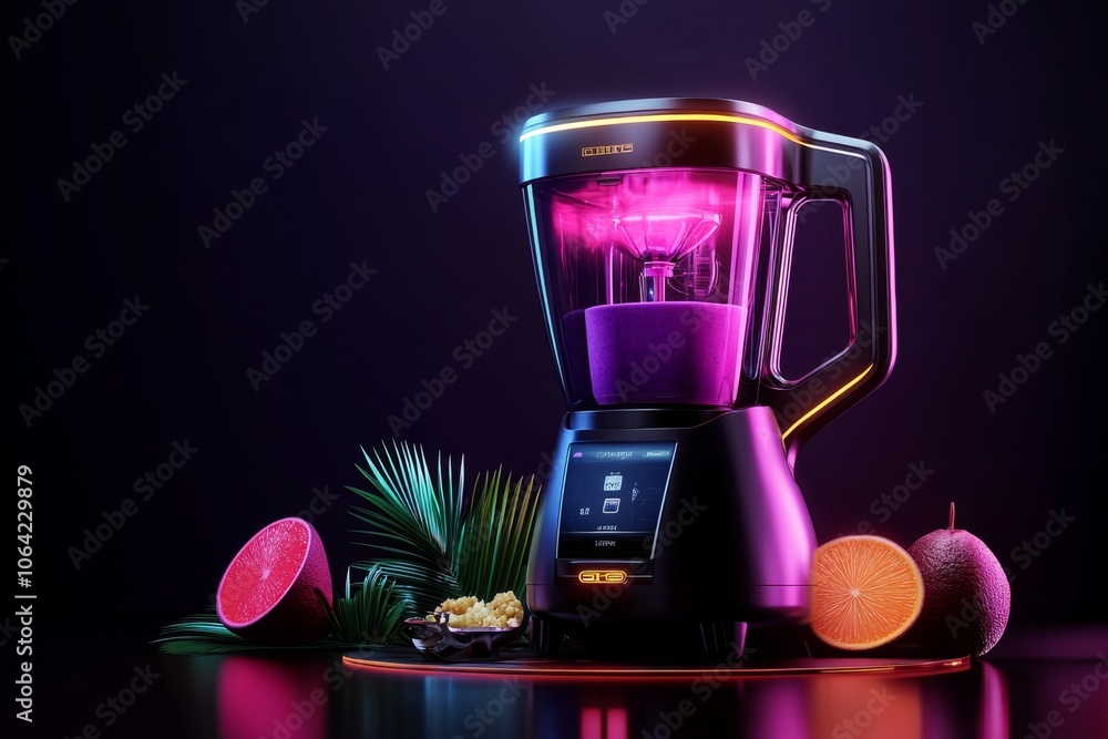 Poster high-tech, digital blender with holographic display showing blend speed and ingredients, blending a 