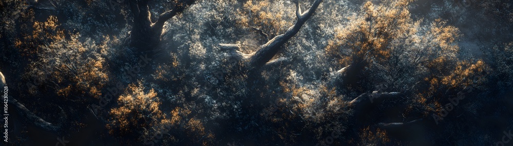 Poster aerial view of a forest with golden sunlight filtering through the trees