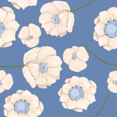 Seamless Pattern Illustration with Different Cream Flowers with Blue Center, for Printing and Web Design