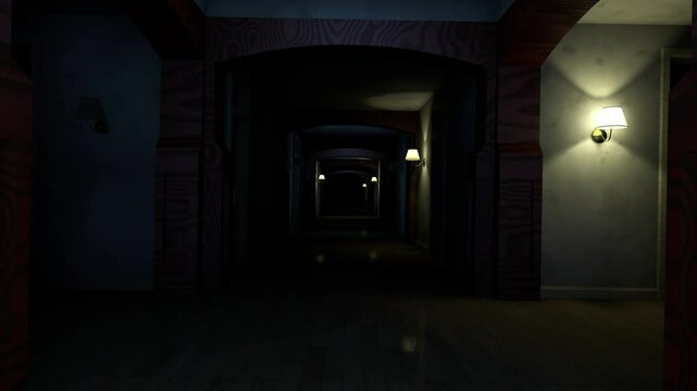 Scary hotel corridor with flickering lights. Camera passing by dark hallway with lamps and doors. Seamless looping. 3d render.