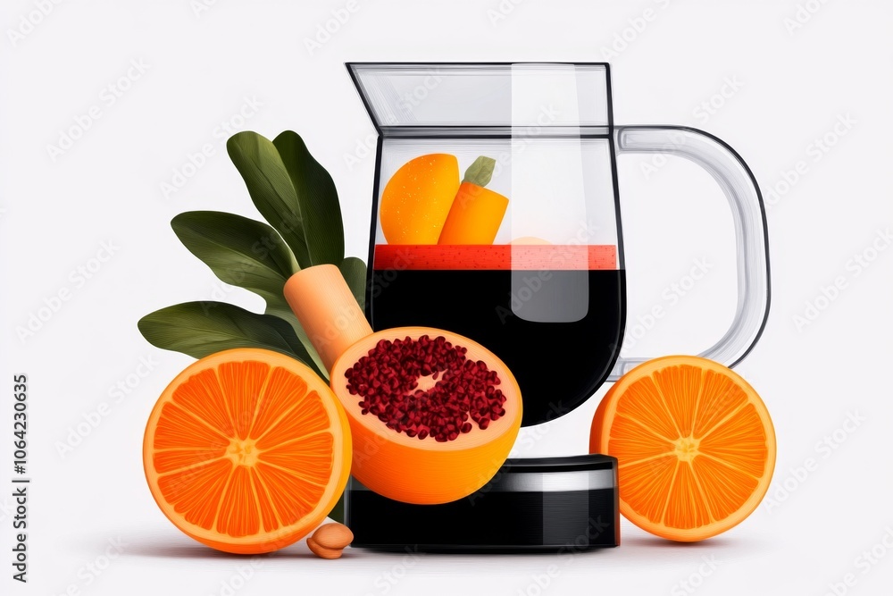 Poster minimalist sketch of smoothie ingredients in a blender, using soft, light colors against a clean bac