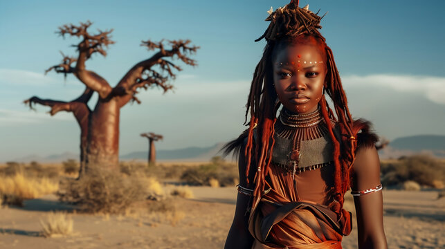 Namibian Himba Woman Baobab Tree Desert Landscape Portrait