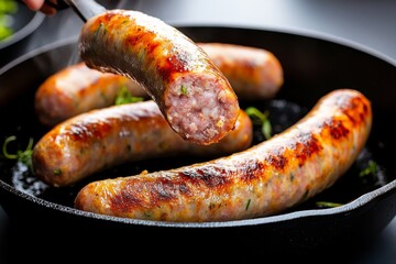 Fototapeta premium Person flipping a sausage link in a cast-iron pan, with crispy surface and sizzling aroma