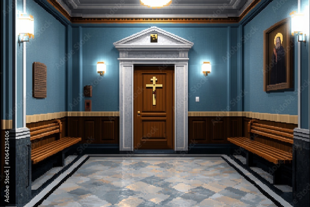 Poster pixel art of a confessional scene in an old church, with soft lighting and simple yet detailed 8-bit