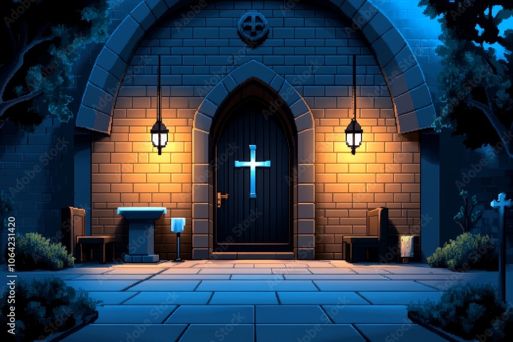 Aufkleber pixel art of a confessional scene in an old church, with soft lighting and simple yet detailed 8-bit