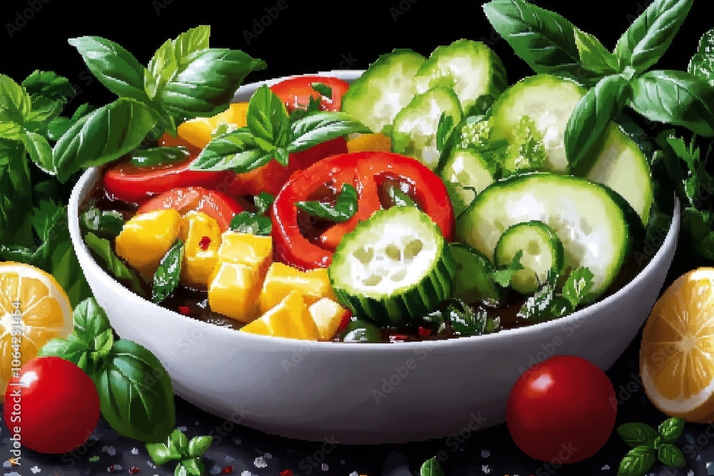 Poster pixel art of a bowl with marinated vegetables in simple 8-bit style, using bright, nostalgic colors 