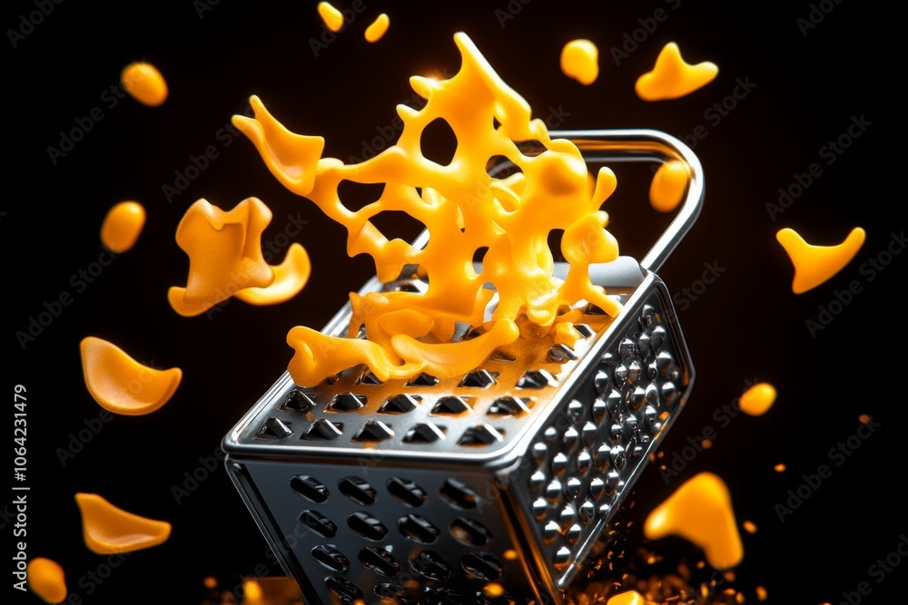 Poster pixel art of a grater with cheese shreds falling in 8-bit style, capturing a retro, nostalgic look w