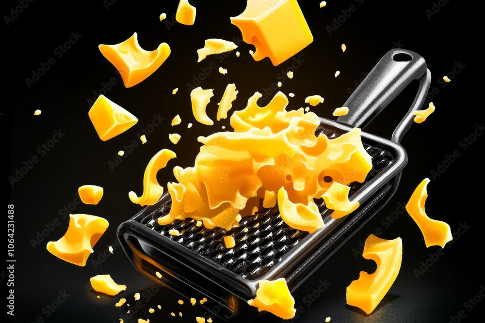 Poster pixel art of a grater with cheese shreds falling in 8-bit style, capturing a retro, nostalgic look w