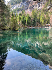 Clear water view in Blausee / Blue Lake - Bernese Oberland, Switzerland.	