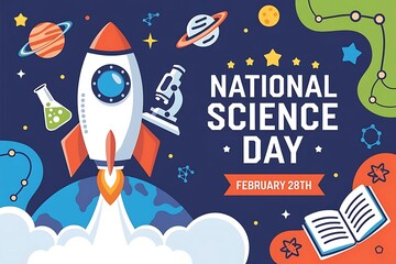 Fototapeta premium National Science Day Colorful Illustration with Space and Science Elements