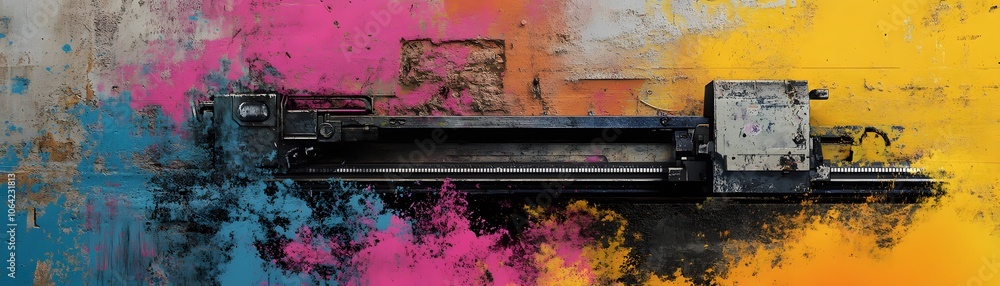 Poster industrial machine partially submerged in splashes of colorful paint